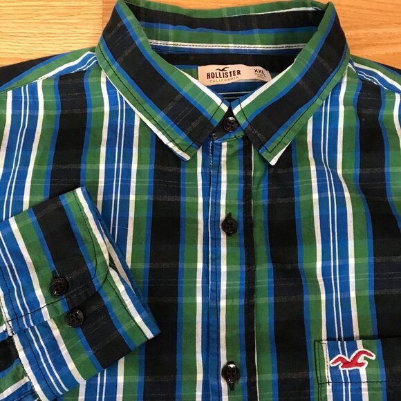 Hollister Long Sleeve Shirt M XXL Green Blue Plaid Cotton Button-Up Pocket Logo - Picture 2 of 10